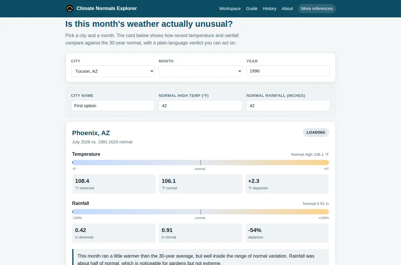 Screenshot of Climate Normals Explorer interface showing the project page in use